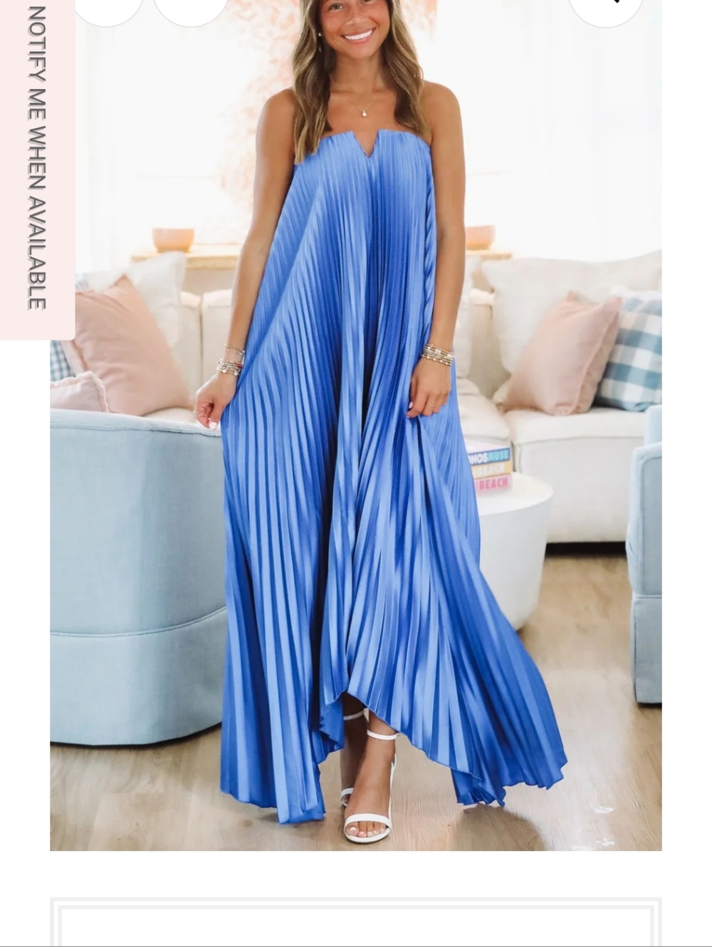 Blue Pleated Strapless Maxi Dress
